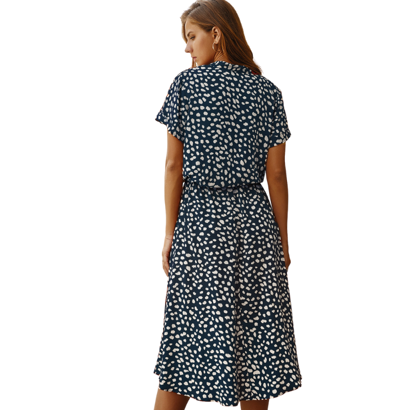 Shirt Collar Waist Tie Dot Print Maxi Dress-My Comfy Blouse