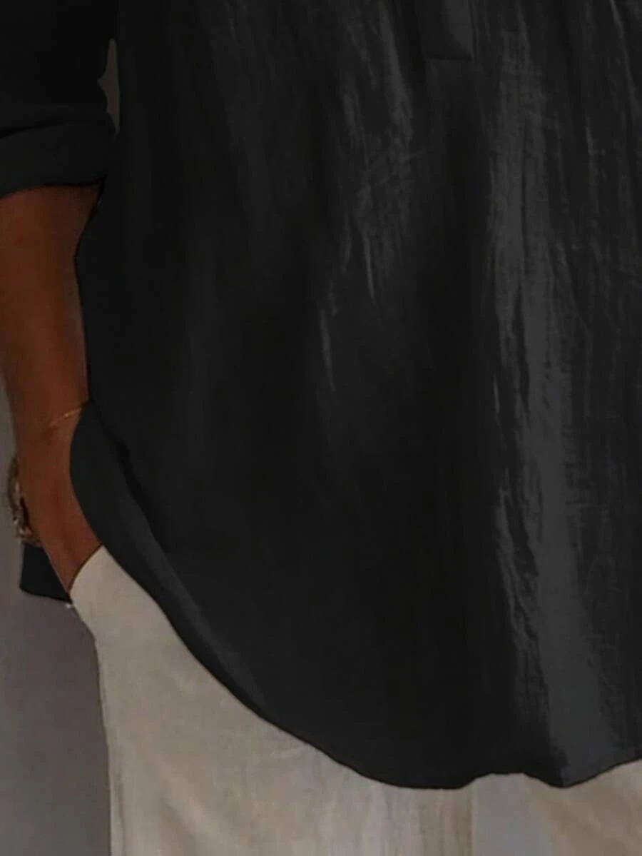 Women's Solid Color Pleated Casual Versatile Daily Outing Shirt Black - Black - View 5