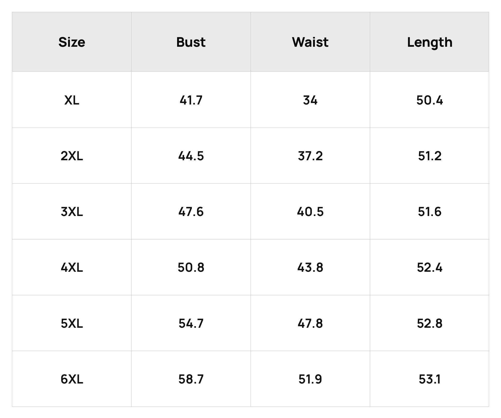 Size Chart Dress