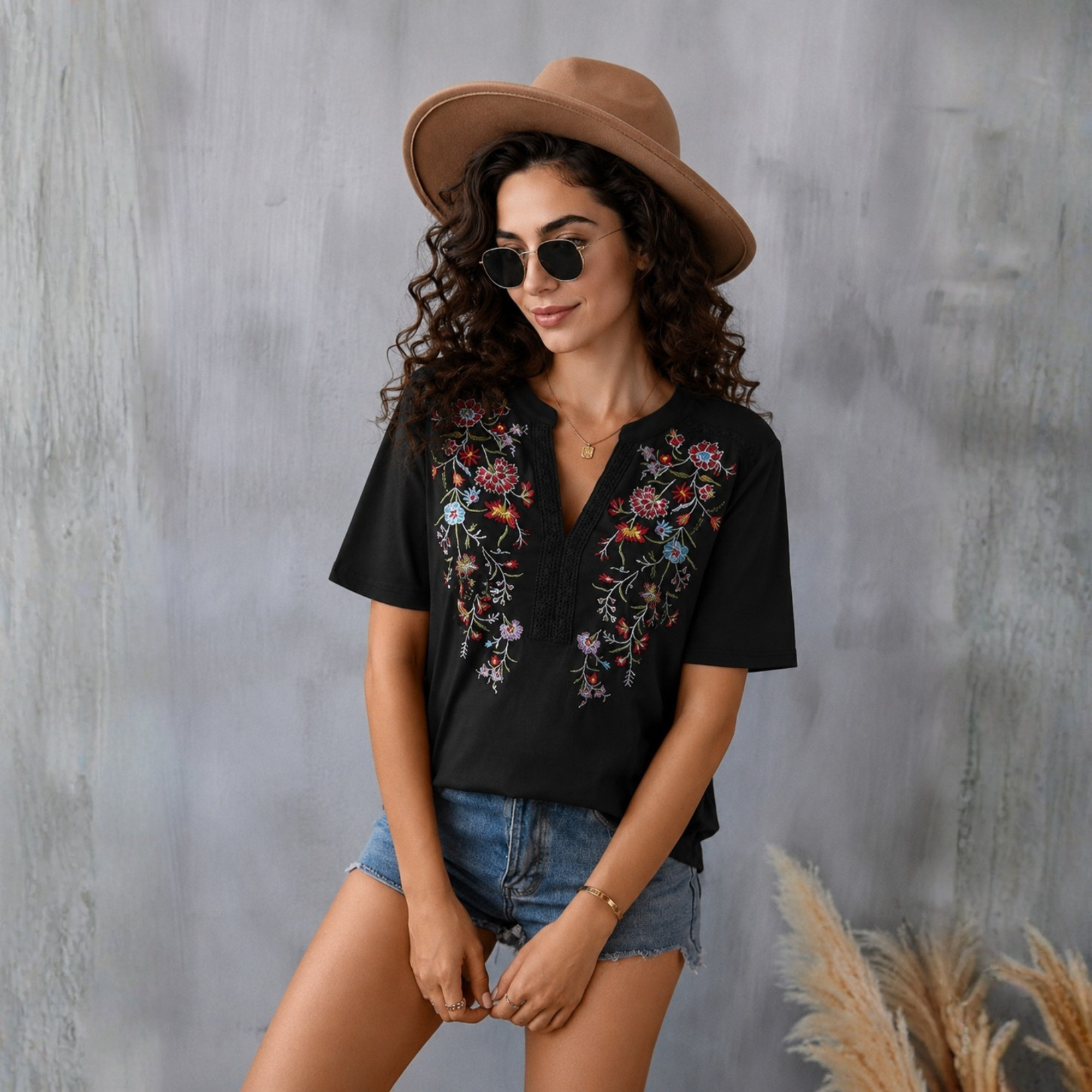 Embroidered Floral Summer Tunic V Shirts