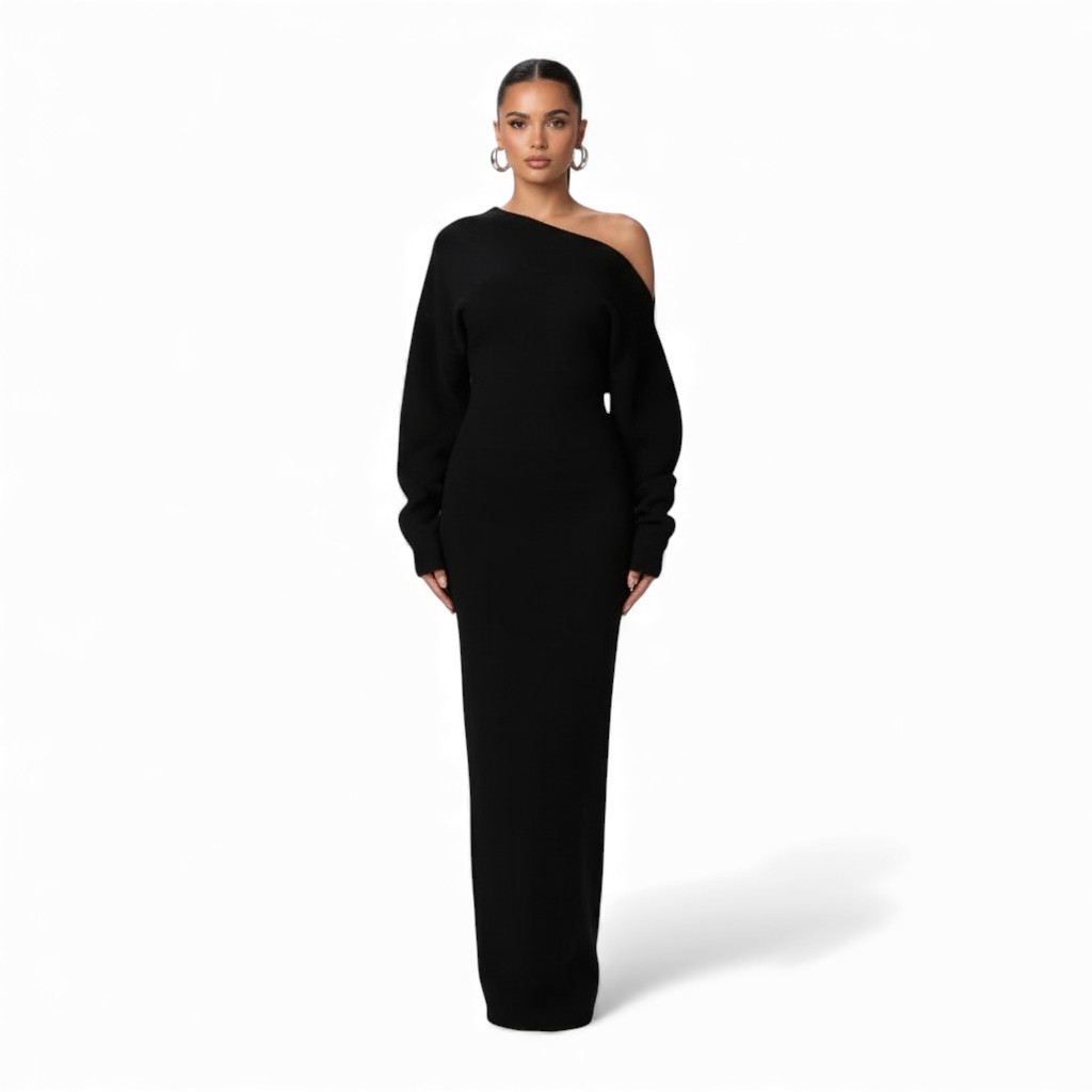 Full Length Knit Maxi Dress With Asymmetrical Top-My Comfy Blouse