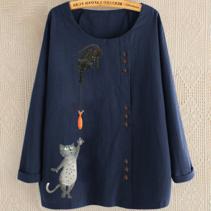 Cute Cat Print Full Sleeves Blouse-My Comfy Blouse