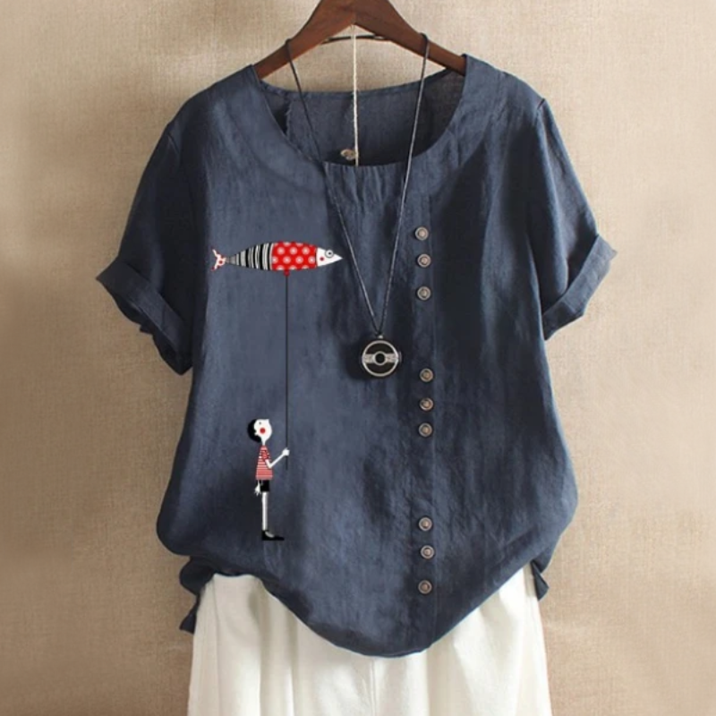Fish Patch Button Summer Blouse