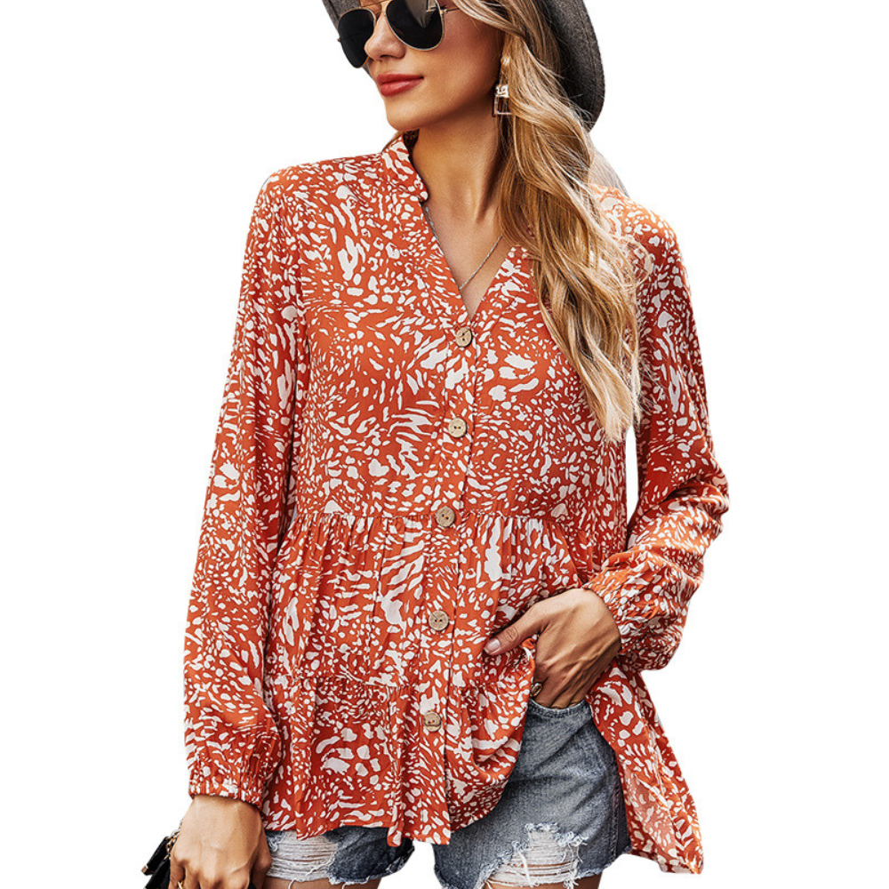 Abstract Pattern Flared Hem Full-Sleeves Shirt-My Comfy Blouse
