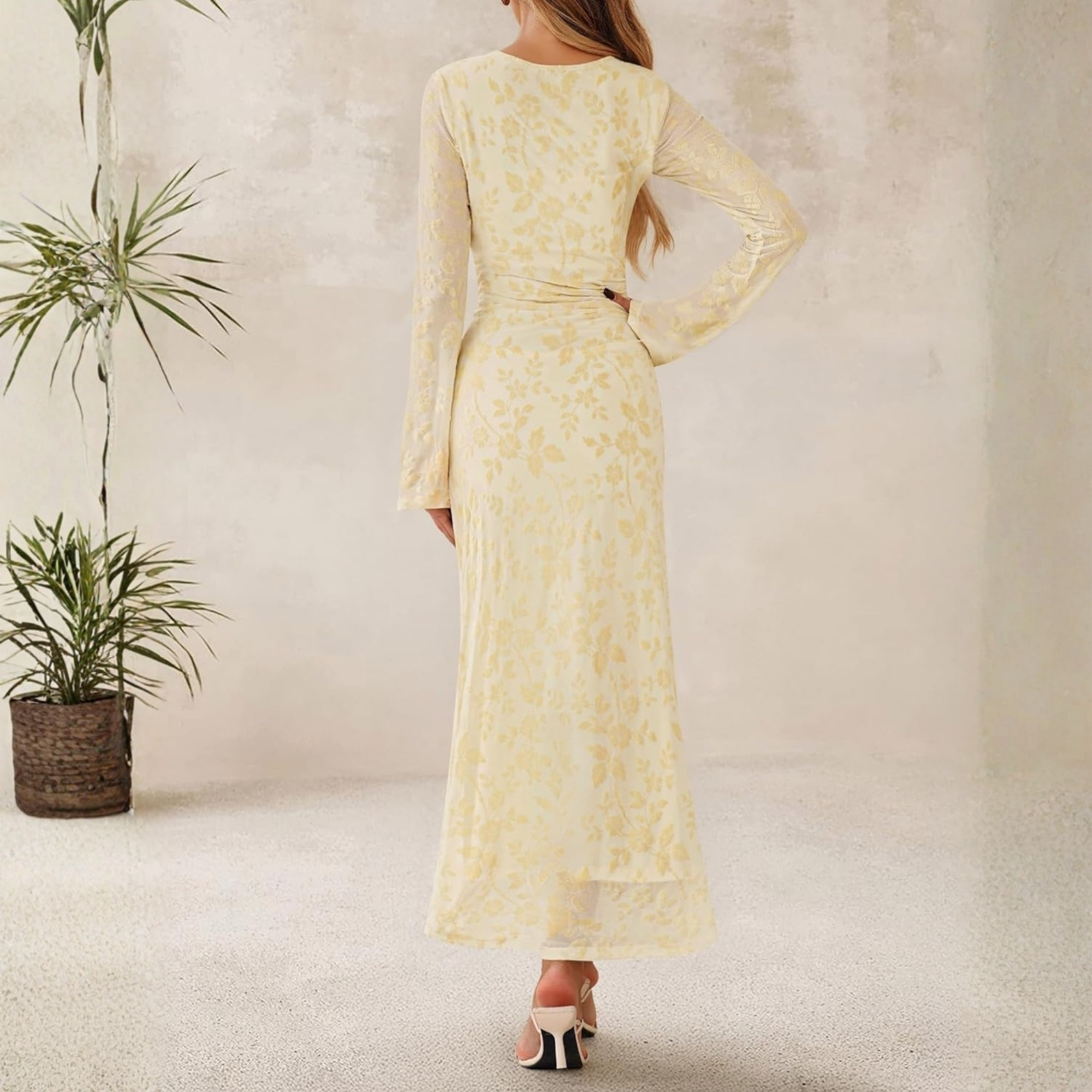 Spring Fall Floral Ruched Mesh Maxi Dress