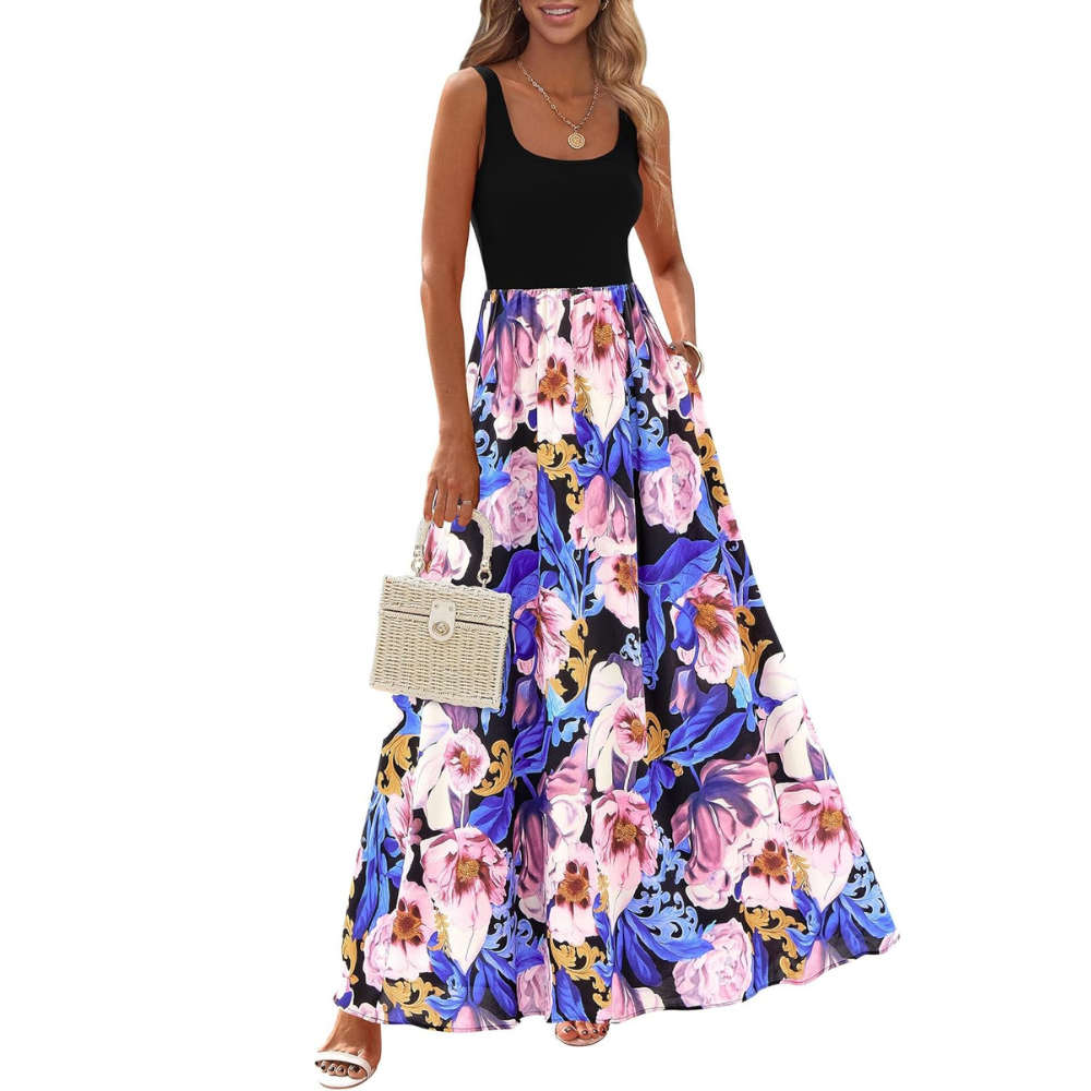 Sleeveless Boho Floral Maxi Sundress for Women Beachwear