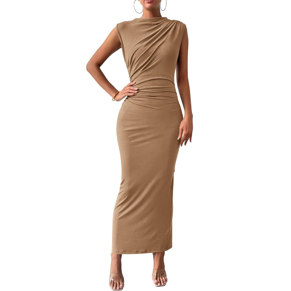 Ruched Sleeveless Bodycon Maxi Dress for Wedding Guests