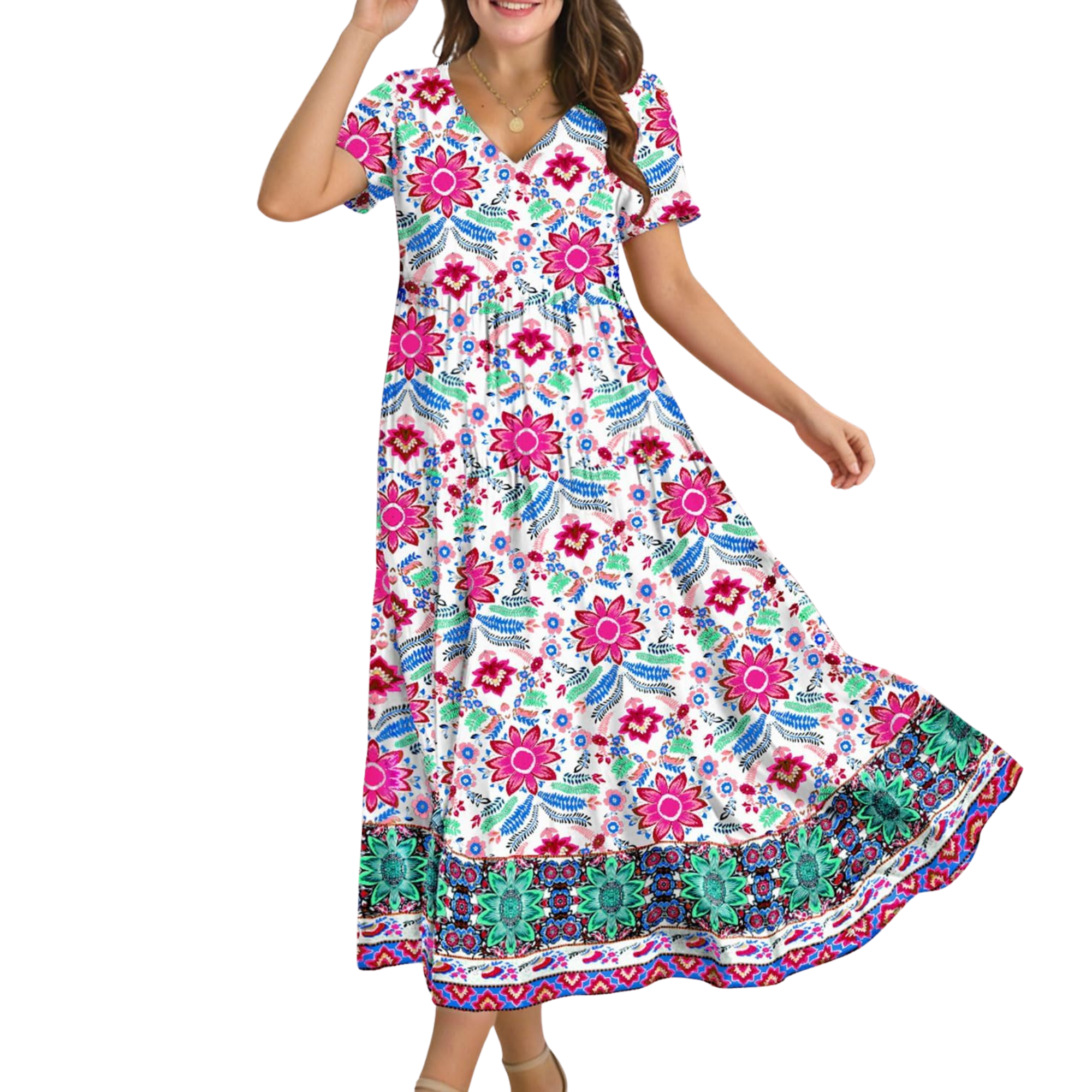 Floral V Neck Boho Maxi Swing Dress with Pockets