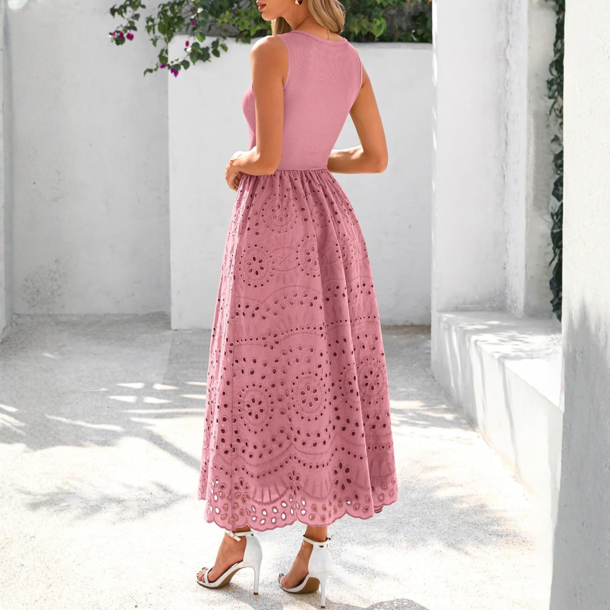 Sleeveless Eyelet Cotton Tank Maxi Dress with Pockets
