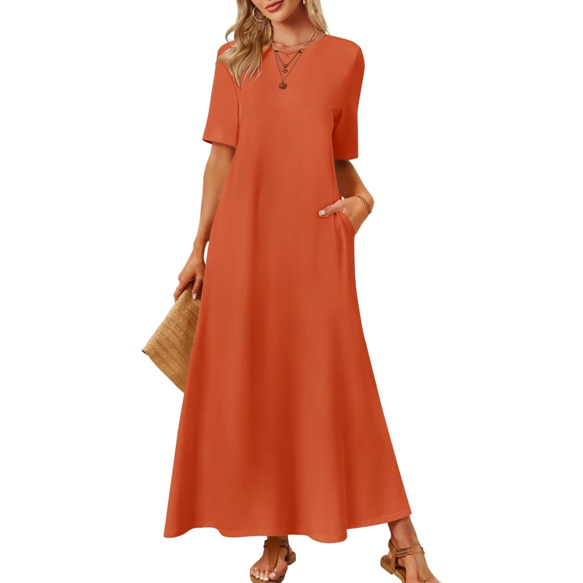 Women Summer Vacation Maxi T Shirt Dress With Pockets