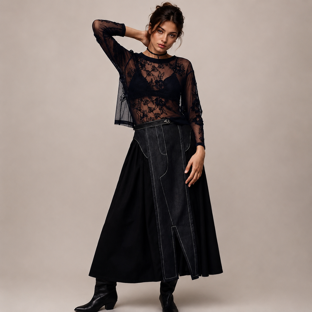 Lace Mesh Floral Printed Sleeve Crew Sheer Shirts For Women