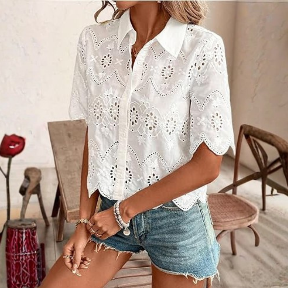 Down Collared Blouses Embroidery Eyelet Short Sleeve With Button For Women