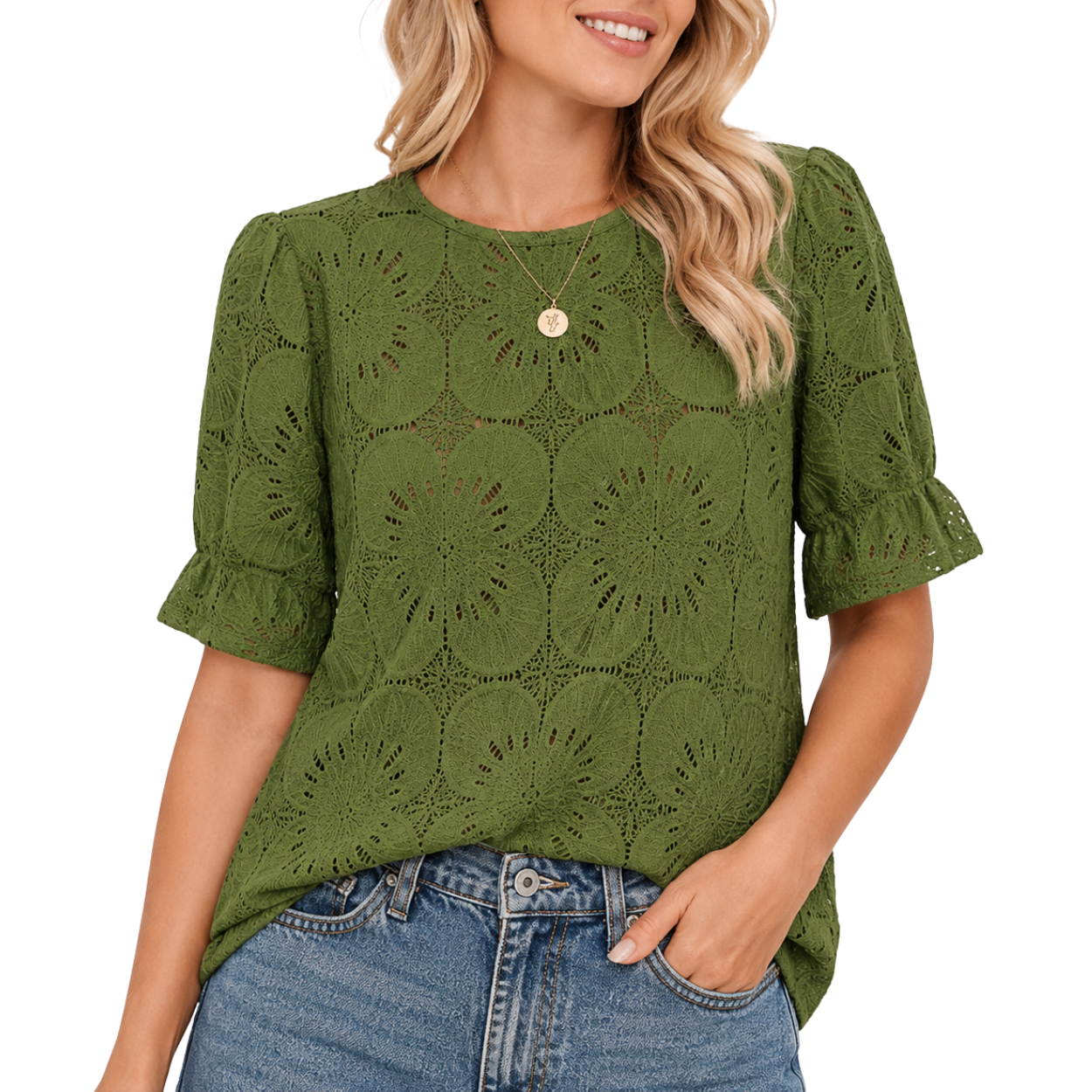 Women Short Boho Eyelet Lace Puff Tops