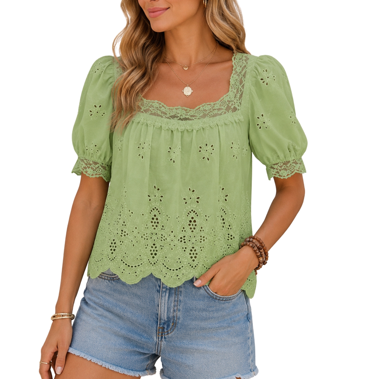 Women Puff Sleeve Eyelet Lace Embroidered Blouse