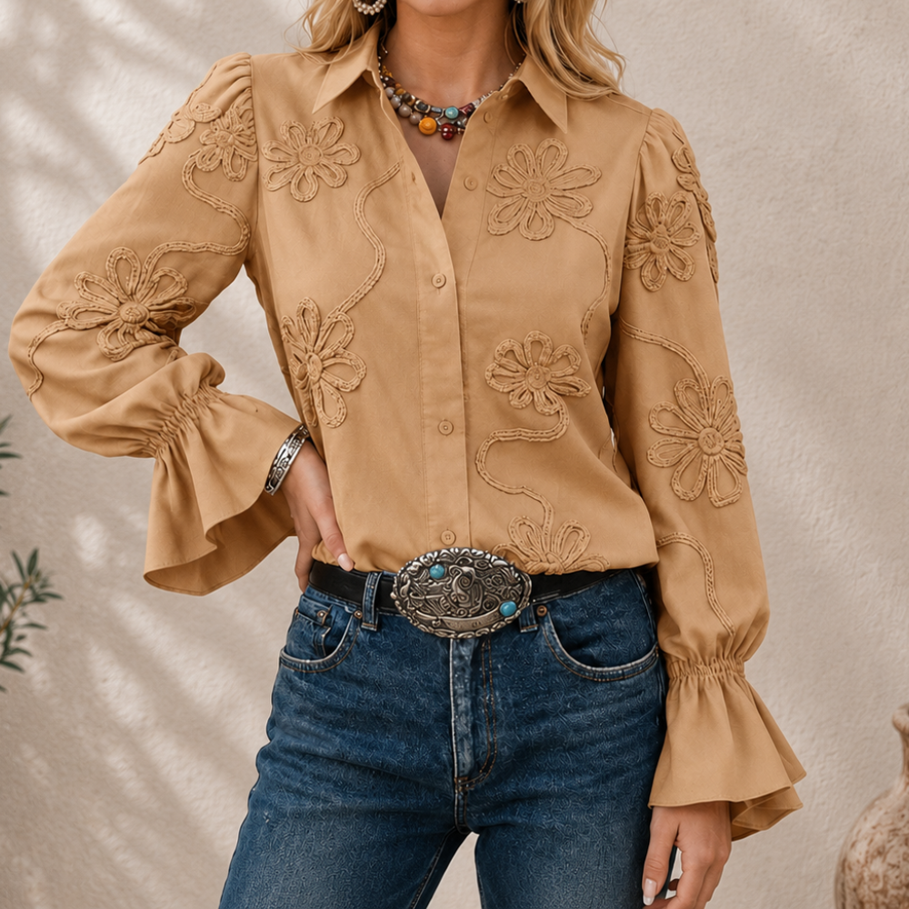 Floral Embroidery Blouse Ruffled Boho Shirt Long Sleeve With Cuff And Button