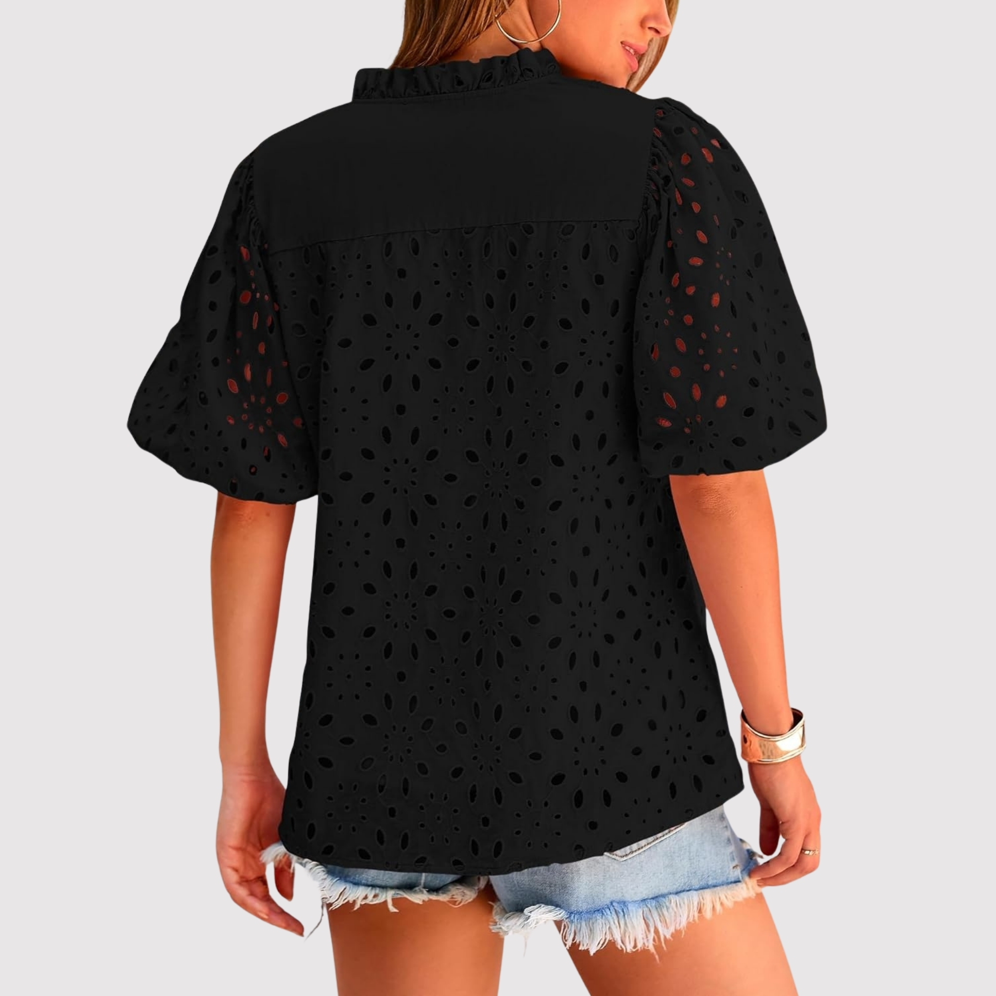 Eyelet Embroidery Sleeve Button Front Style Puff Top 