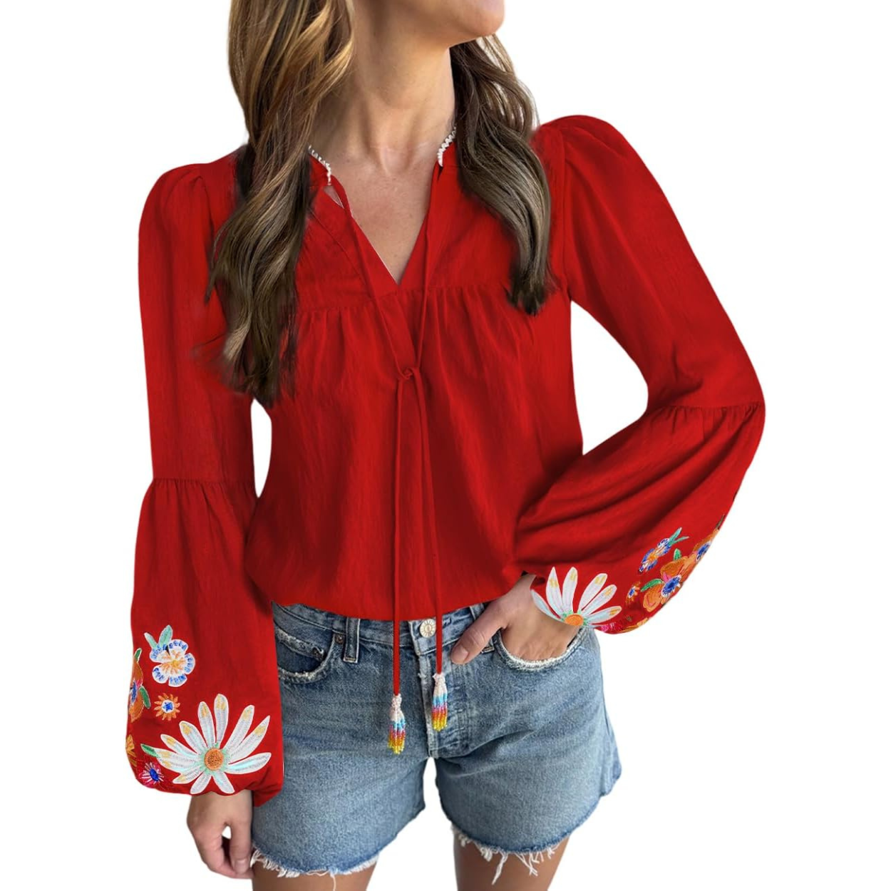 Embroidered Tops Floral Short Puff Sleeve Casual Top