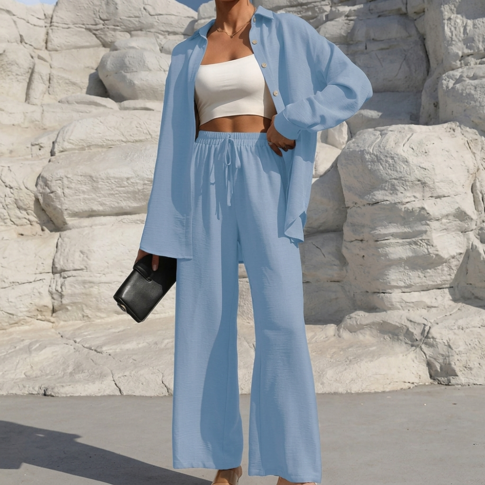 Casual 2 Piece Long Sleeve Shirt And Wide Fit Trouser Set For Women