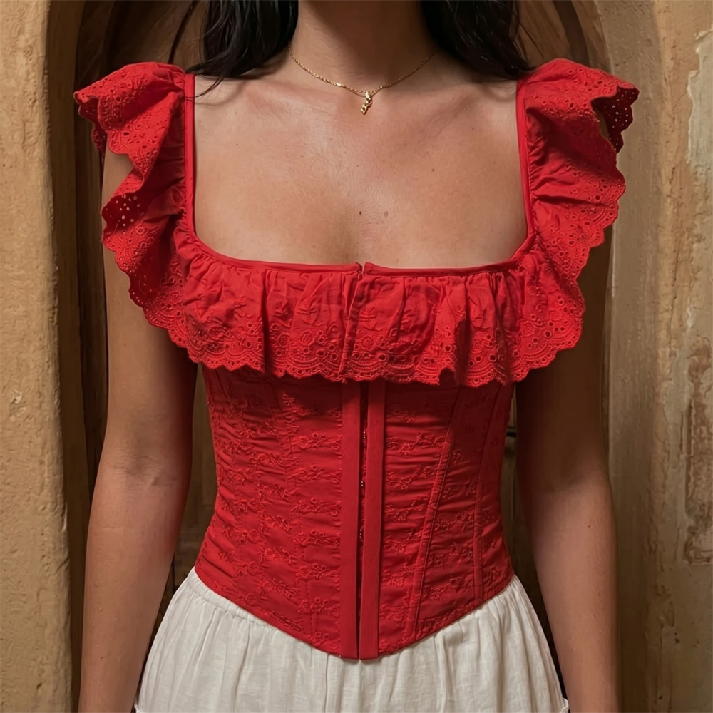 Adjustable Corset Blouse With Embroidery Lace Details For Women