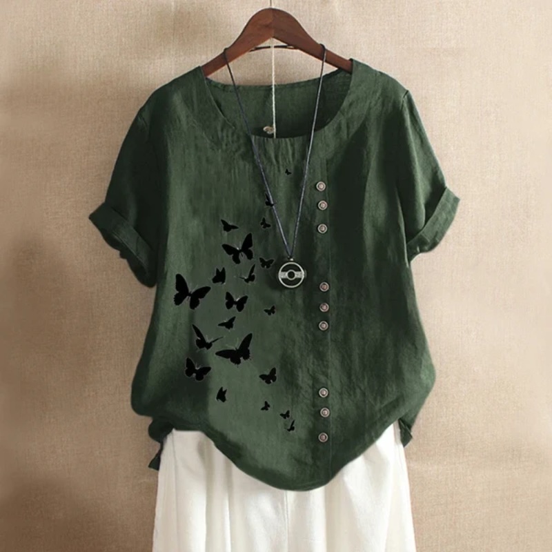 Butterflies Print Button Summer Blouse-My Comfy Blouse