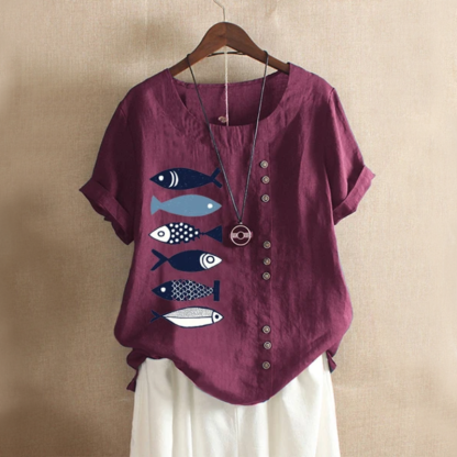 Cartoon Fish Print Summer Blouse
