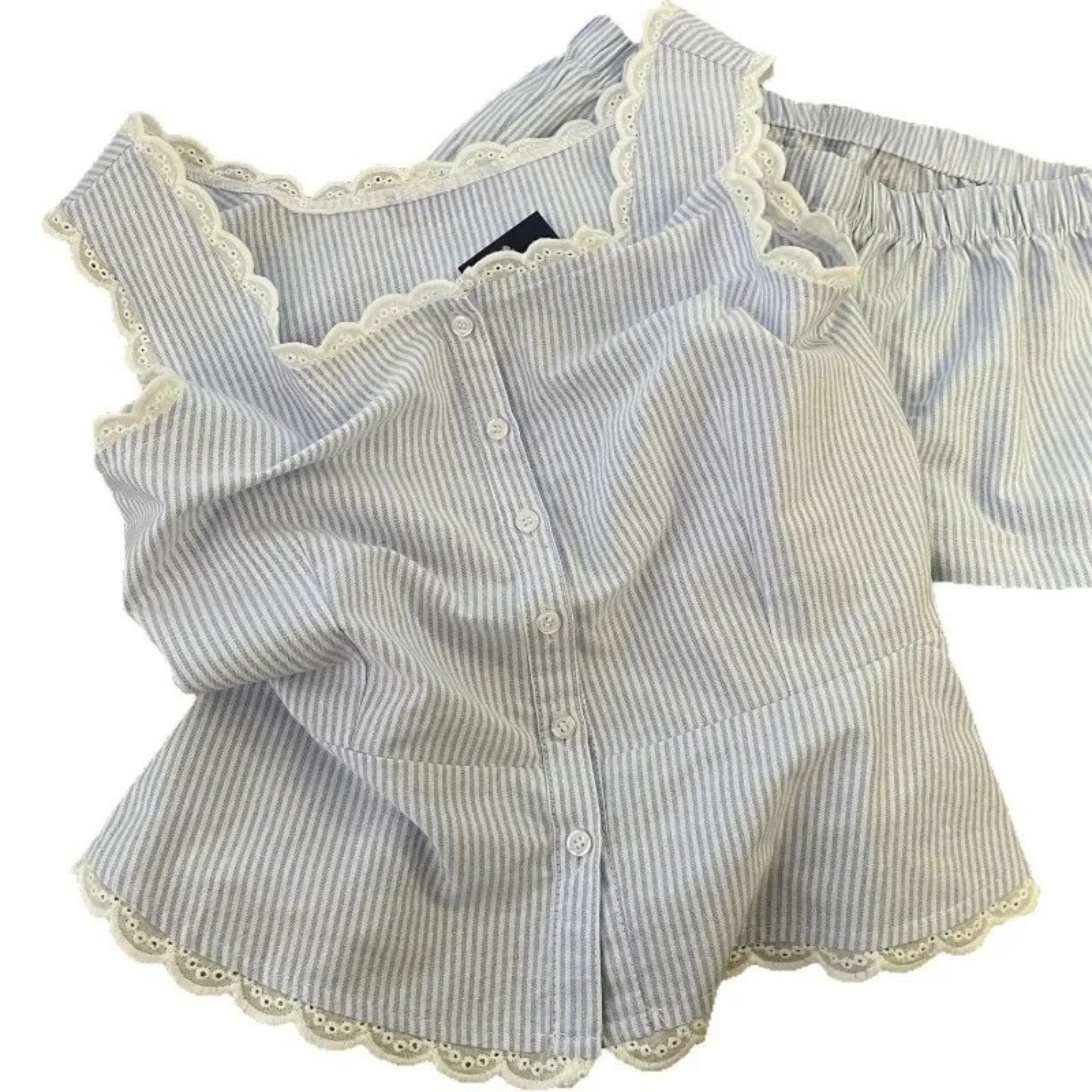 2 Piece Pajama Set With Lace Trim And Striped Nightwear For Women