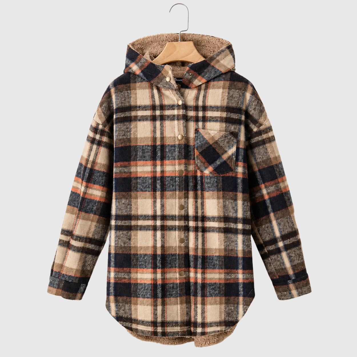 Casual Button Down Plaid Fleece Jacket With Hood For Women