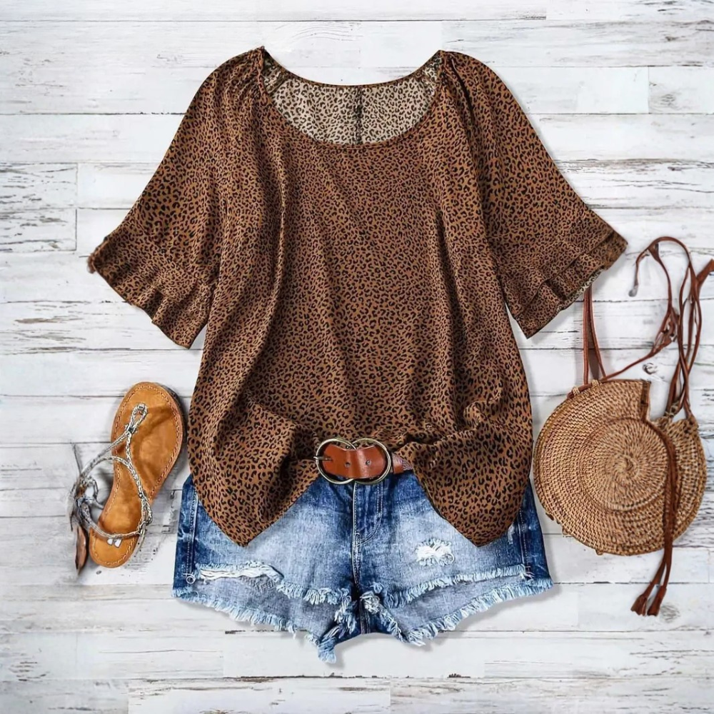 All Over Print Ruffle Layered Short Sleeve Woven Blouse Top For Women