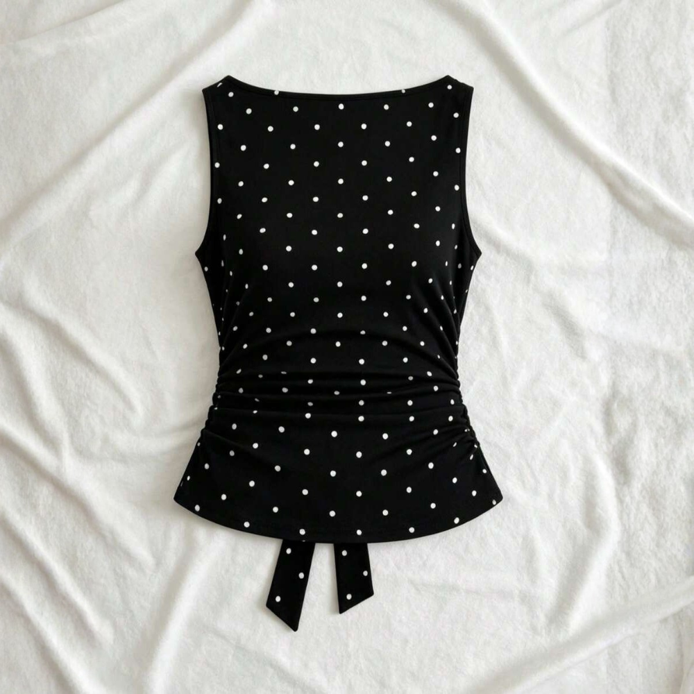 Polka Dot Ruched Tie Bandeau Summer Tank Top