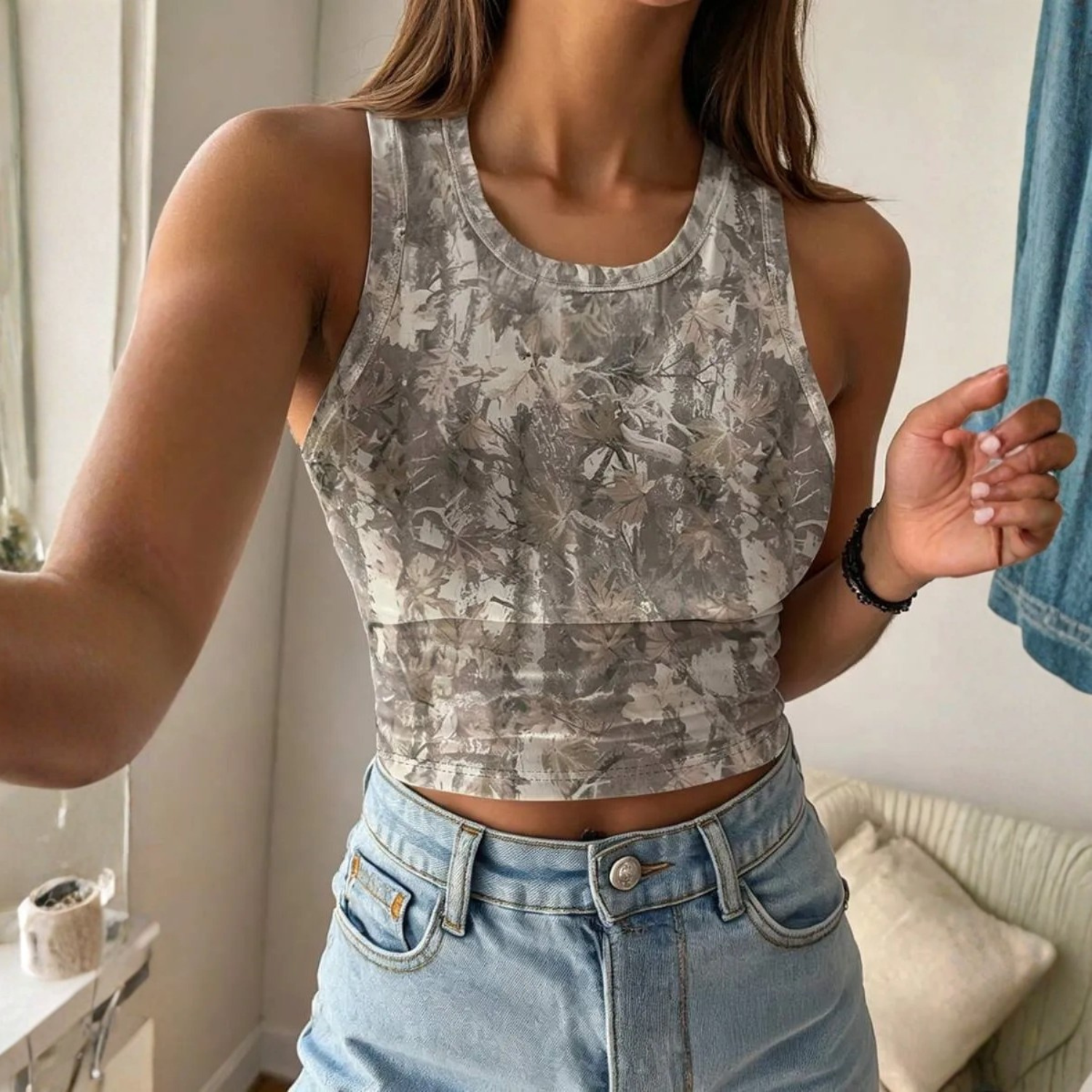 Casual Camouflage Printed Cropped Tank Top For Women