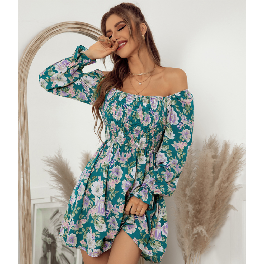 Floral Print Shirred Flounce Sleeve Dress-My Comfy Blouse