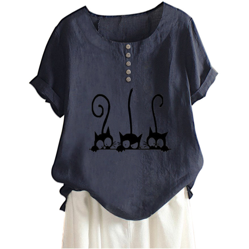Fashion Cat Print Crewneck Blouse-My Comfy Blouse