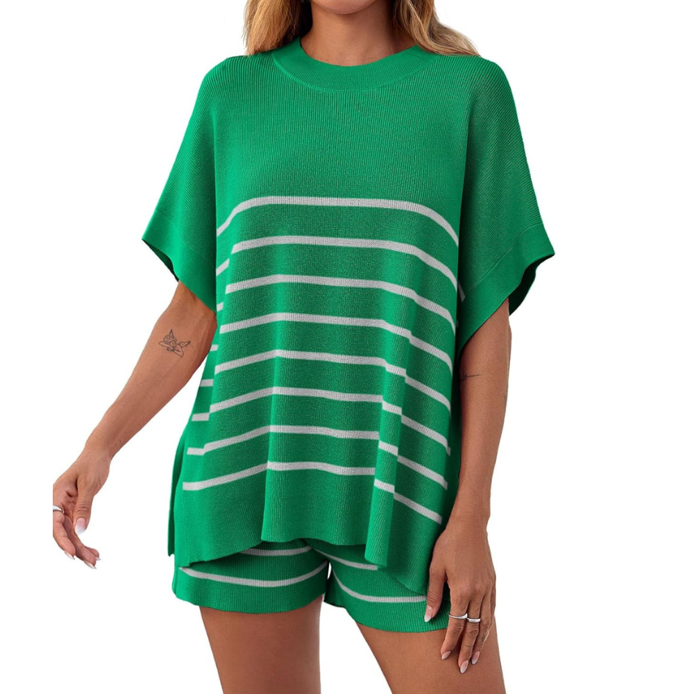 Striped Knit Top And Shorts Set For Women