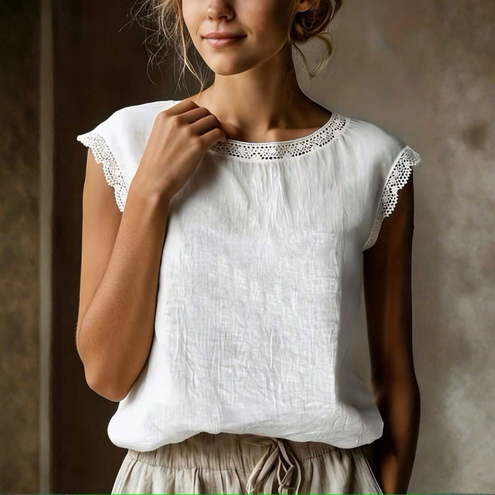 Vintage Linen Blend Lace Patchwork Short Sleeve Summer Top For Women