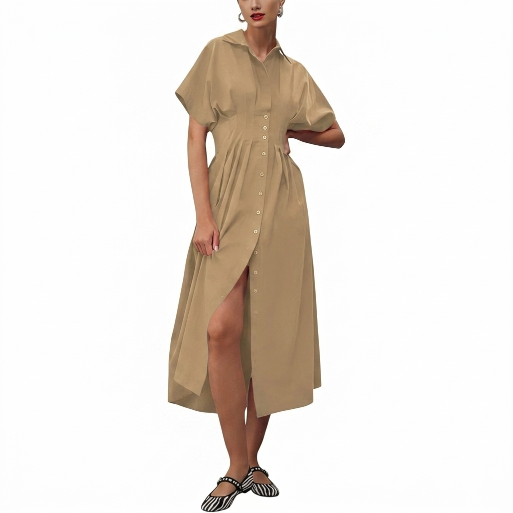 Casual Short Sleeve Button Down Loose Fit Pleated Maxi Sundress With Pockets For Women