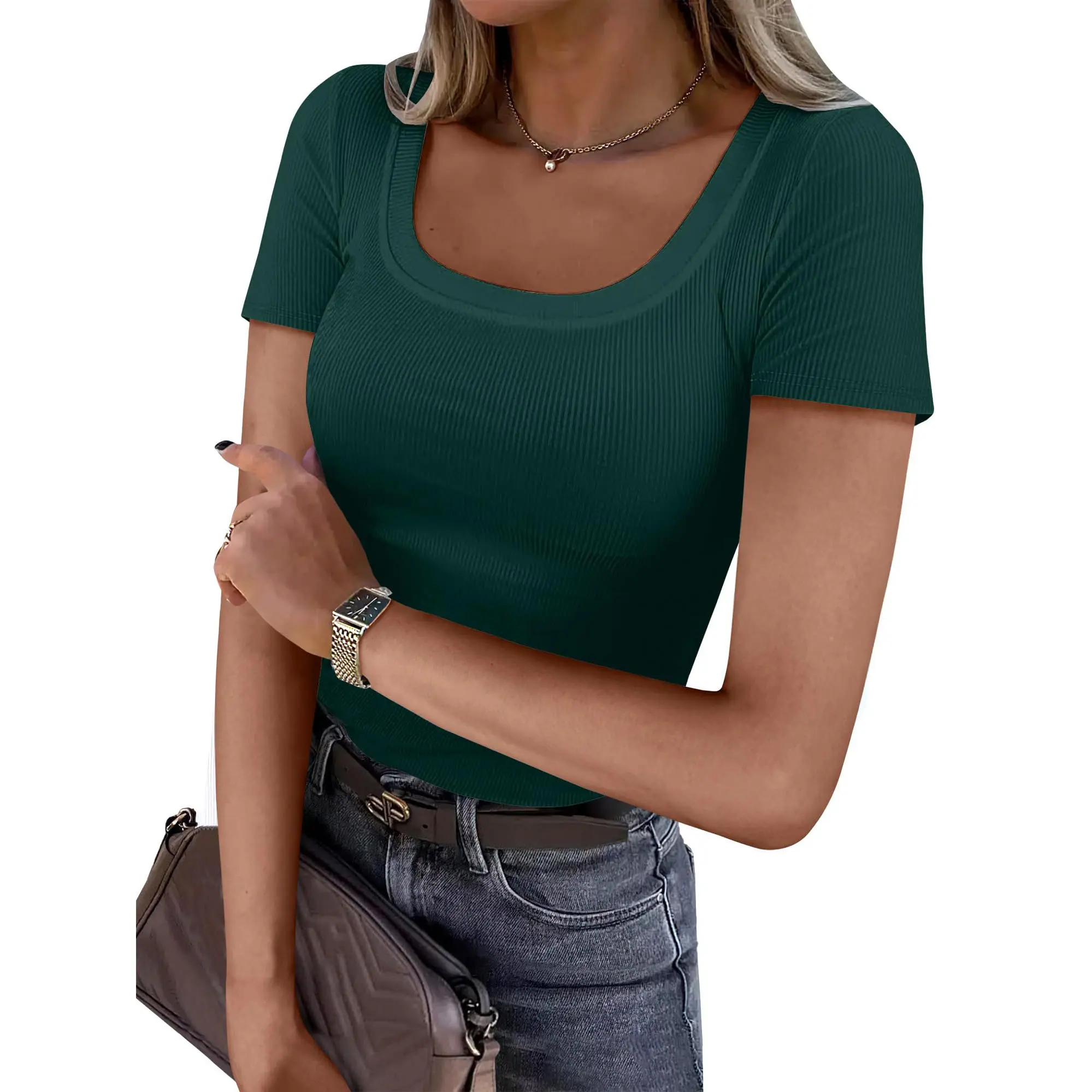 Short Sleeve Summer Trendy Casual Ribbed Knit Slim Fitted Basic  Minimalist Blouse Top