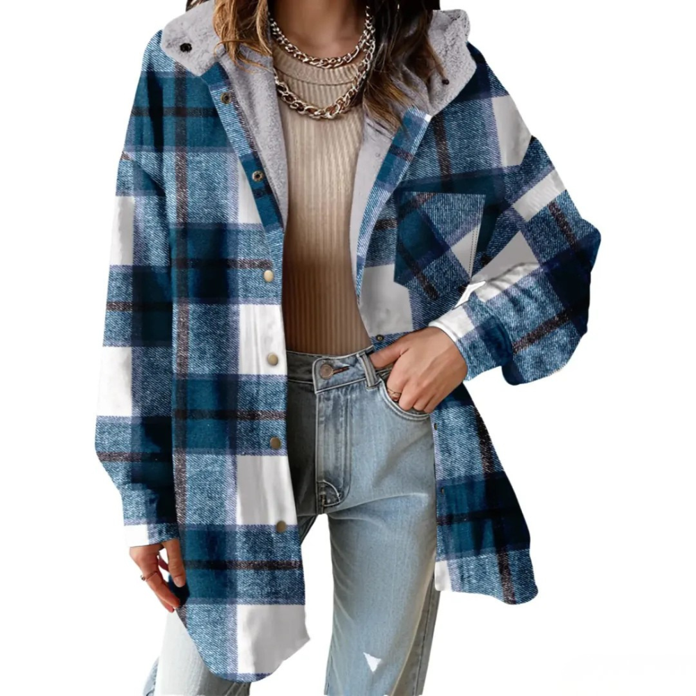 Casual Button Down Plaid Fleece Jacket With Hood For Women