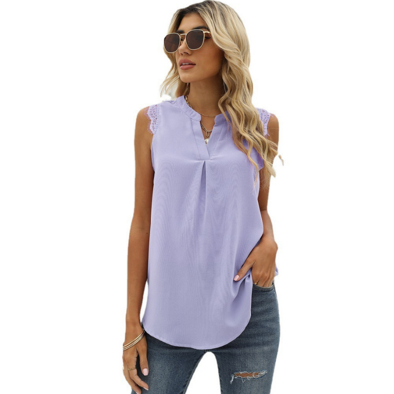 Lace Cap Sleeves V Neck Blouse-My Comfy Blouse