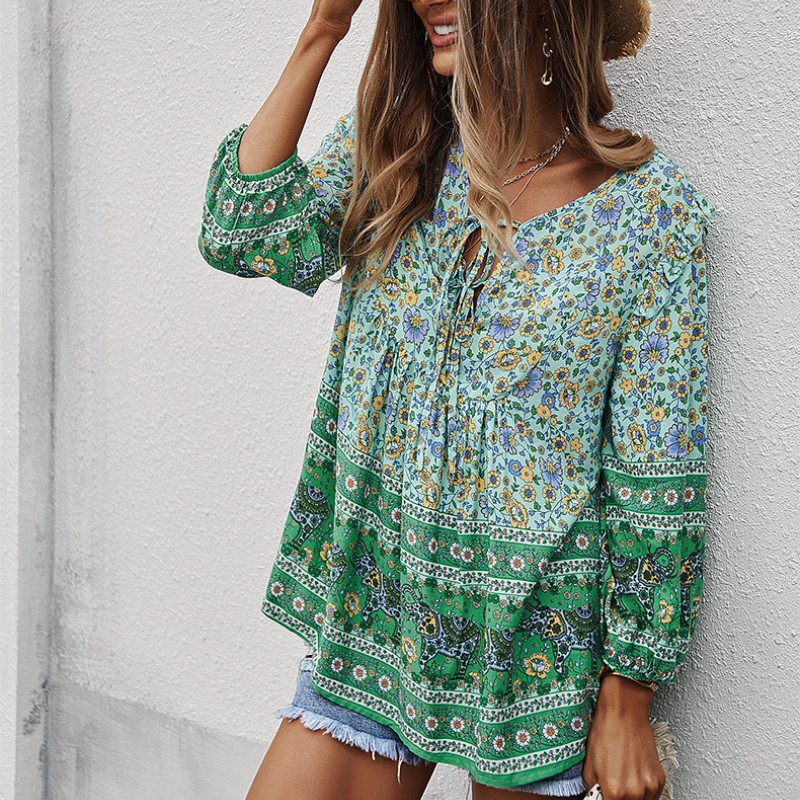 Traditional Print Front Strip Tie Blouse-My Comfy Blouse