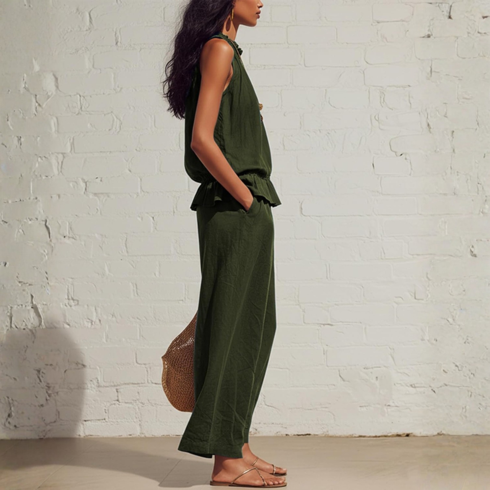 Linen Sleeveless Ruffle Top Pants Set