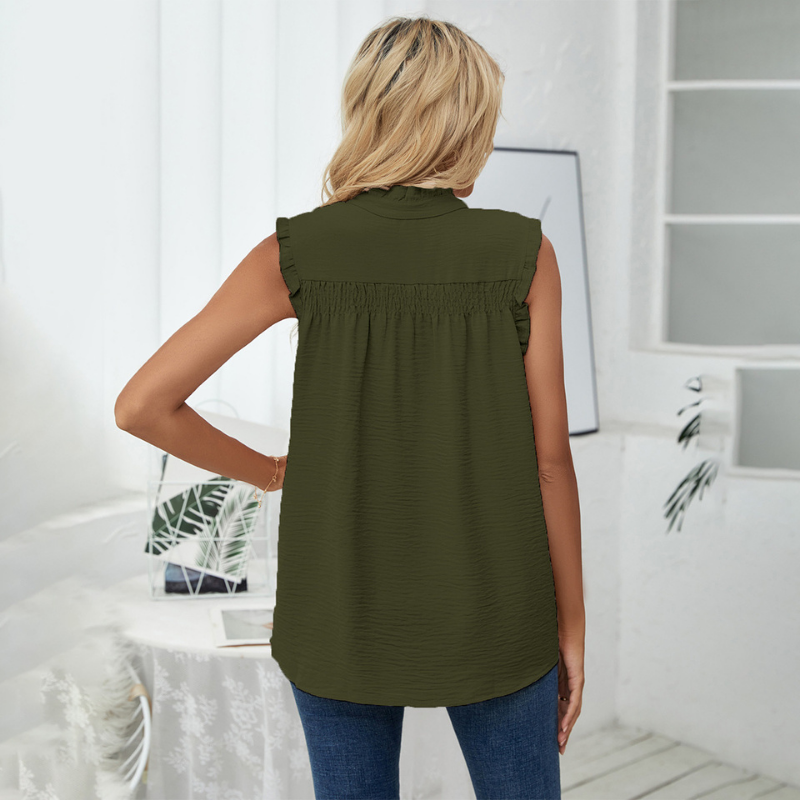 High Collar Button Ruffled Sleeves Less Blouse-My Comfy Blouse