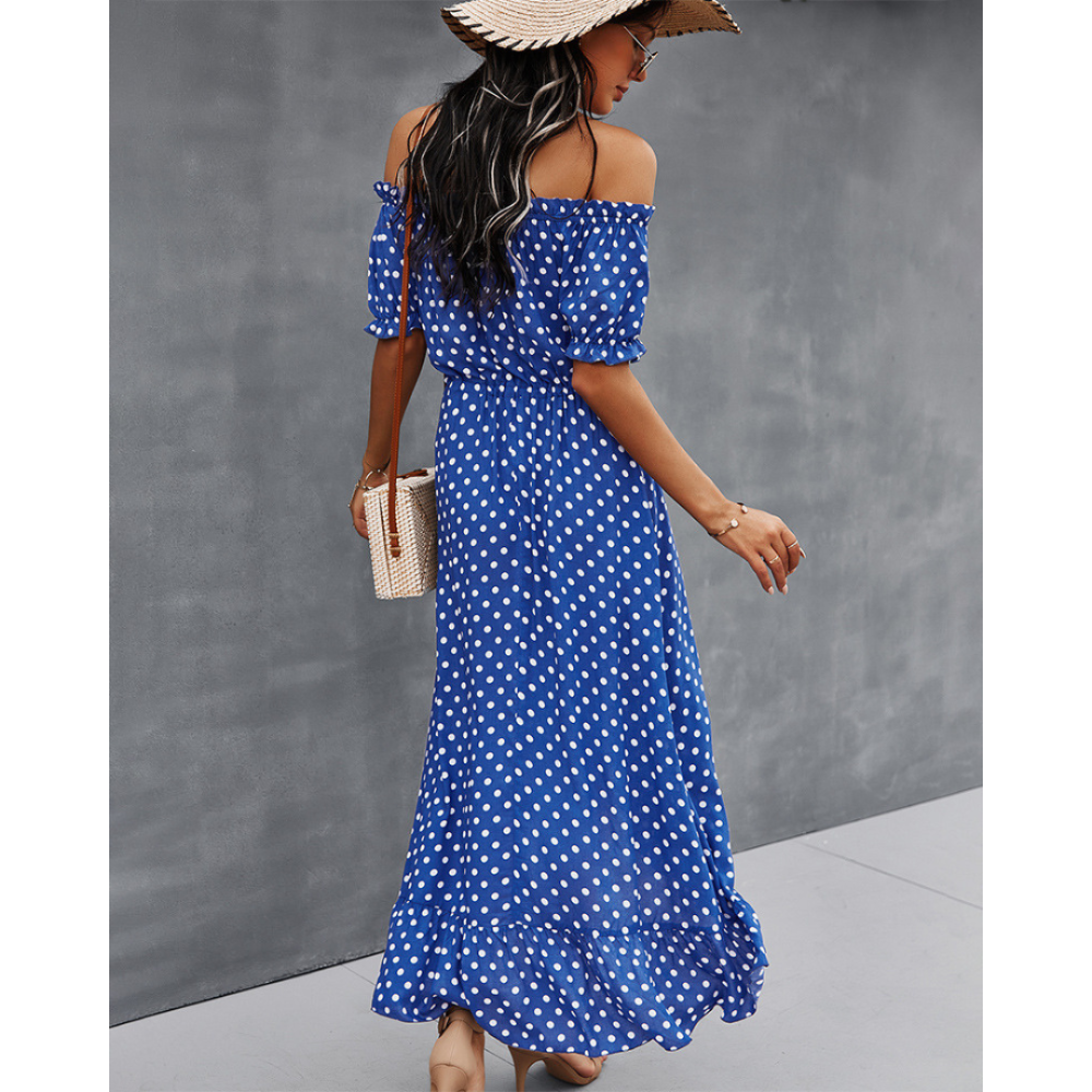 Off-Shoulder Polka Dot High Low Ruffle Hem Dress-My Comfy Blouse