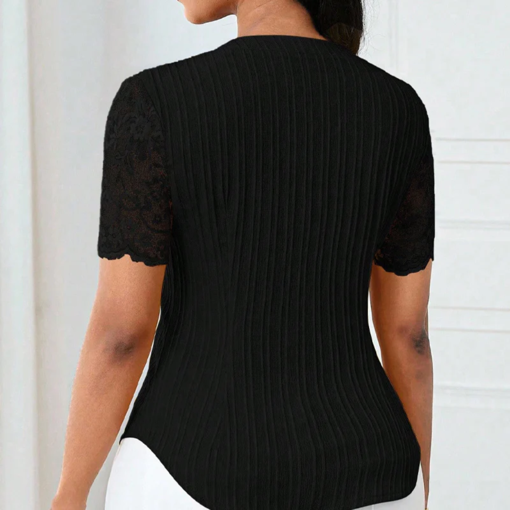 Ribbed Knit Button Down Top With Lace Sleeves