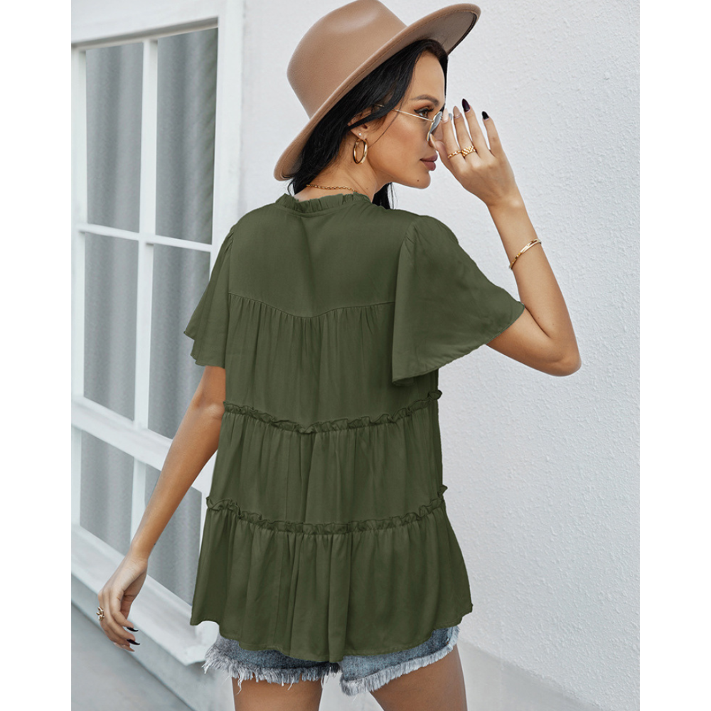 Frill Trim Tassel Tie Flutter Sleeve Top-My Comfy Blouse