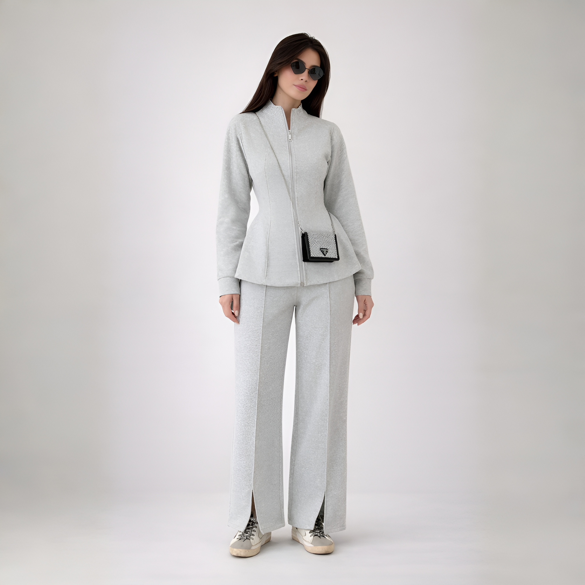 Two Piece Suit Set With Zip Up Jacket For Women