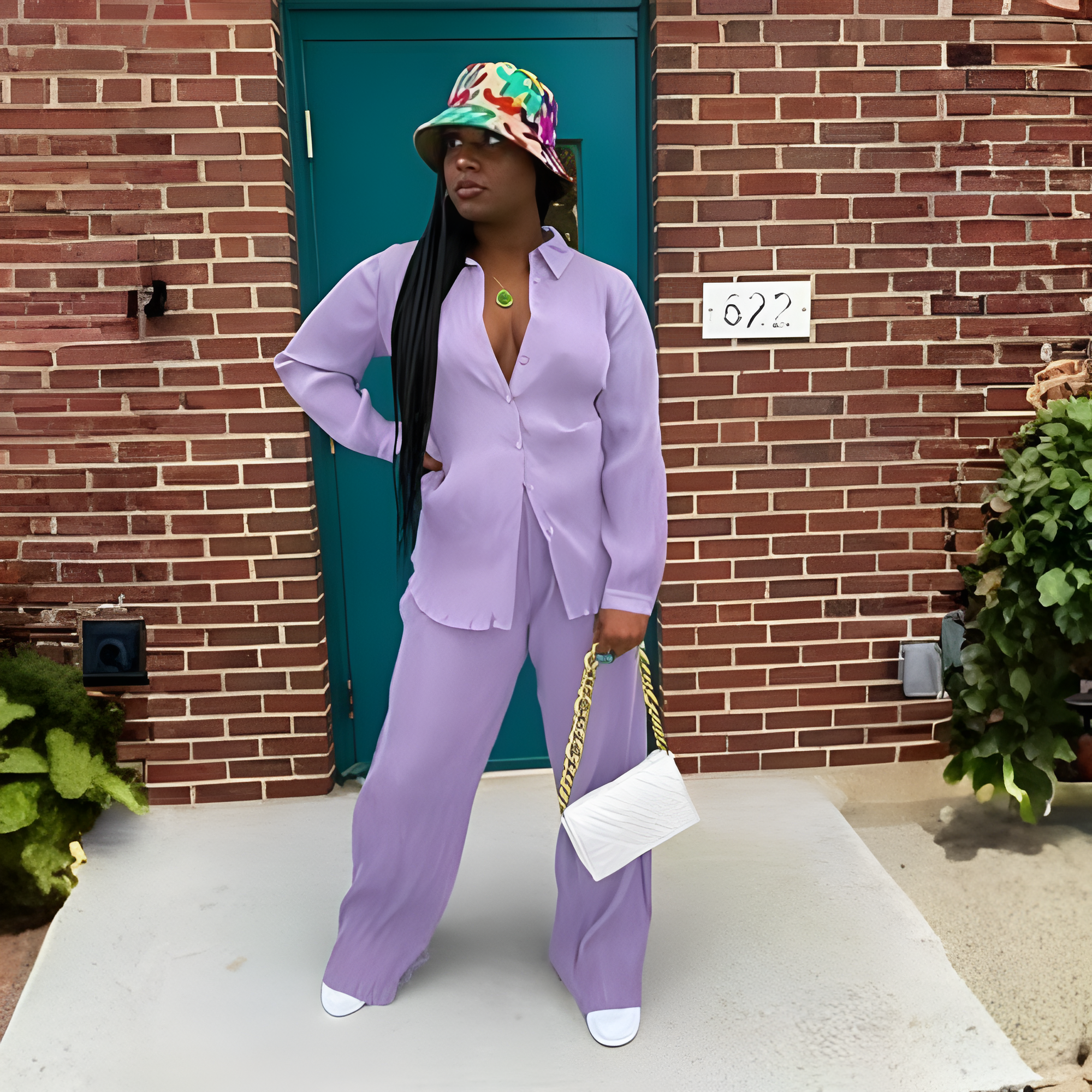 2 Piece Button Down Shirt And Pleated Pants Set For Women