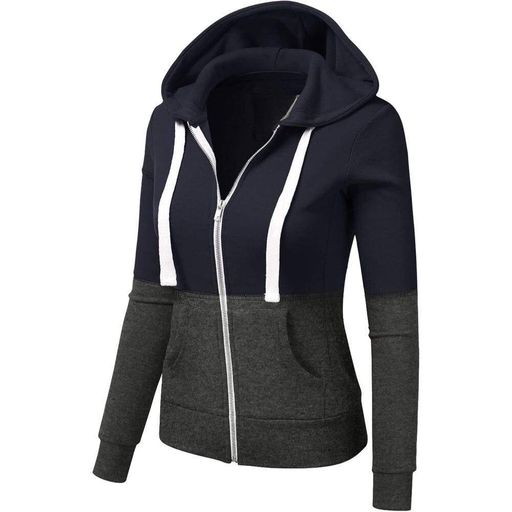 Full Zip Hooded Sweatshirt With Contrast Panel Design-My Comfy Blouse