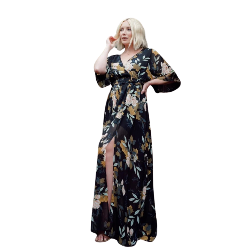 Floral Pattern Floor Length Long Sleeve Chiffon Dress-My Comfy Blouse