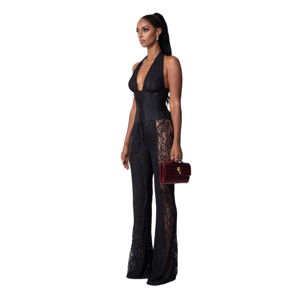 Lace Halter Jumpsuit With Corset And Sheer Panels