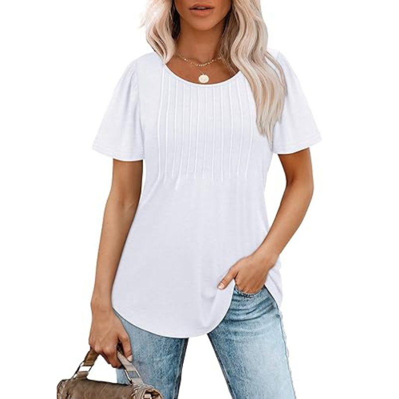 Pleated Casual Top With Scoop Short Sleeve Summer Blouse-My Comfy Blouse